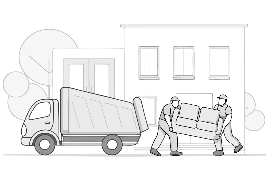 Junk removal service illustration showing movers carrying furniture to a truck